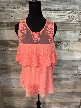 Sleeveless Cold Shoulder Coral Lace Overlay Blouse